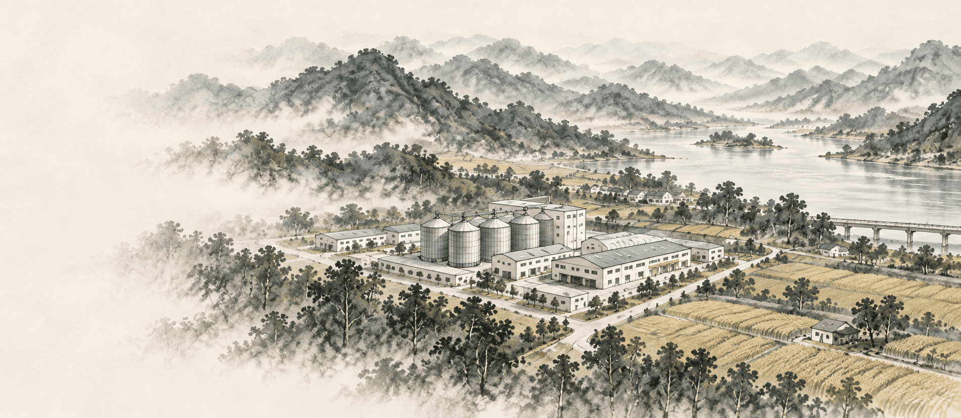 群山与田野之间的鸟瞰粮库山水画